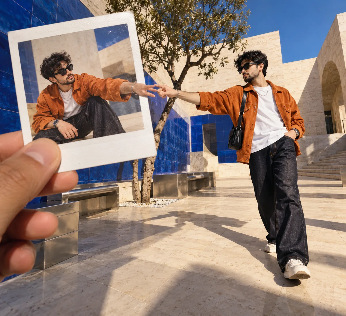 Surreal cinematic fashion campaign, playful forced-perspective lifestyle portrait featuring the reference person.
