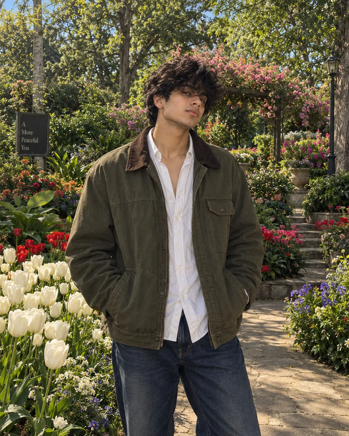 A highly realistic cinematic fashion portrait of a stylish young man standing casually in a lush botanical garden during a bright spring