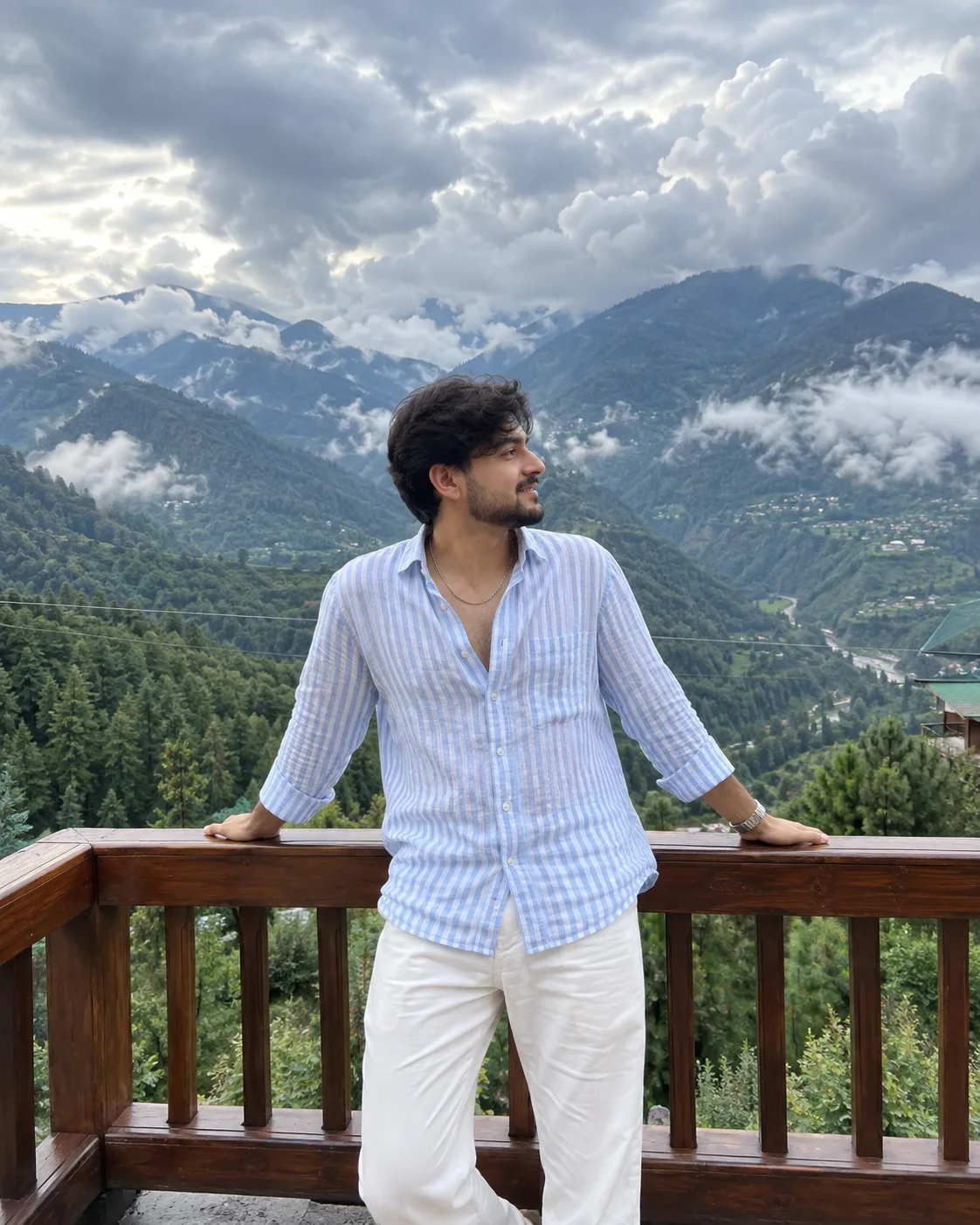 Transform my uploaded face into this exact ultra-realistic mountain travel portrait while preserving my facial identity, hairstyle,
