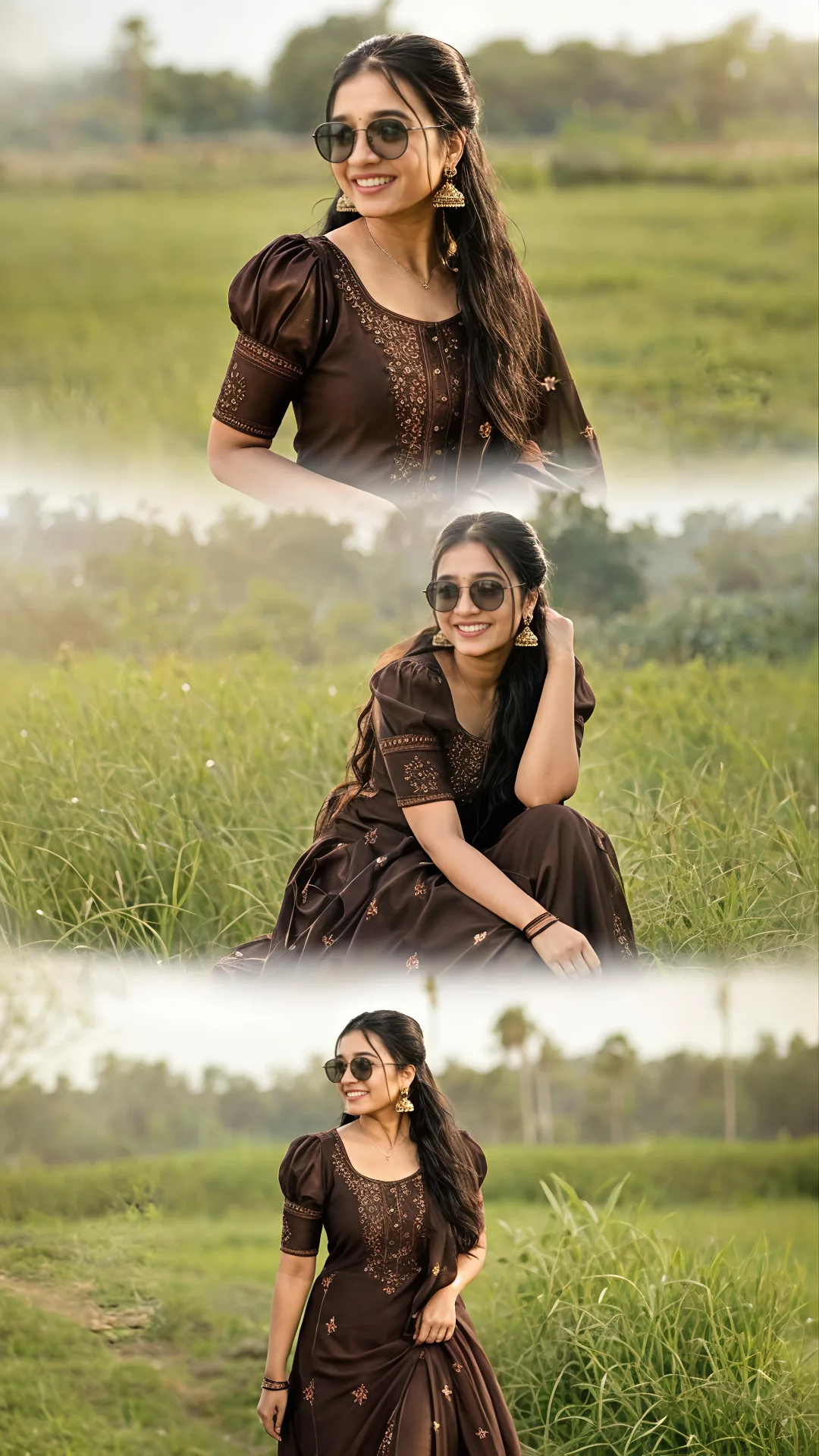 Three-Tier Outdoor Portrait Collage of Indian Woman in Meadow
