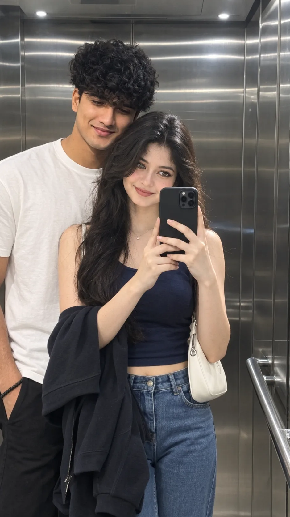 Ultra-realistic lifestyle portrait featuring the exact man face from the first reference image and the exact woman face from the second