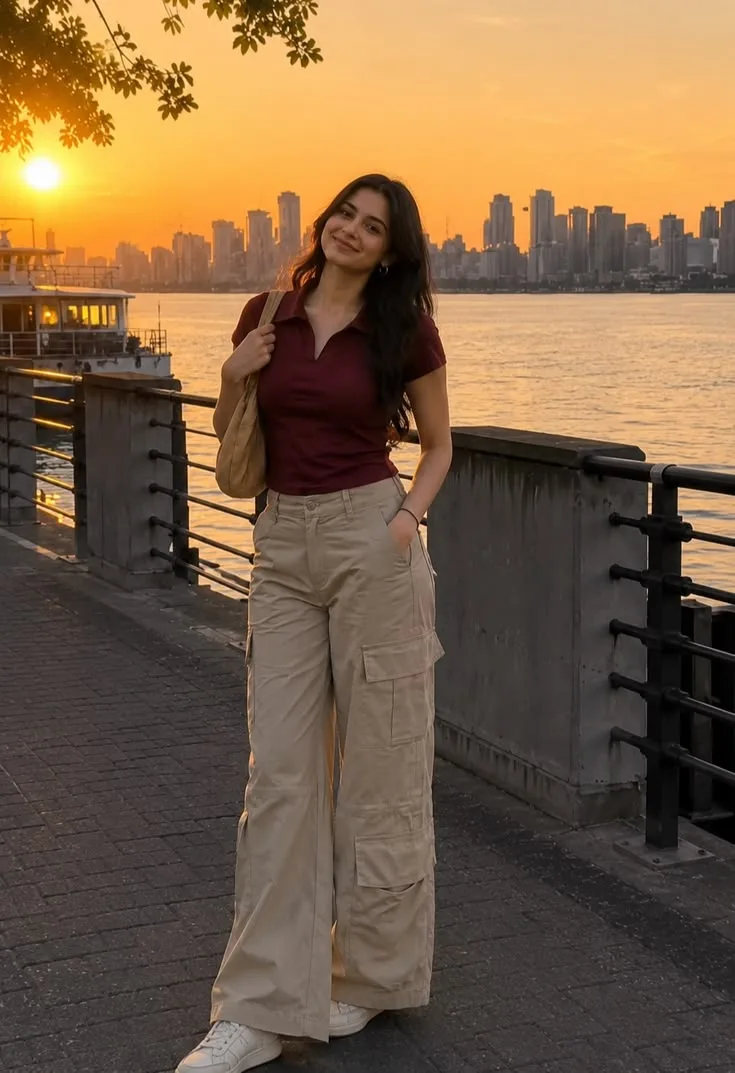 { "photo_design": { "style": "realistic golden-hour waterfront travel portrait", "format": "vertical full-body lifestyle photograph",