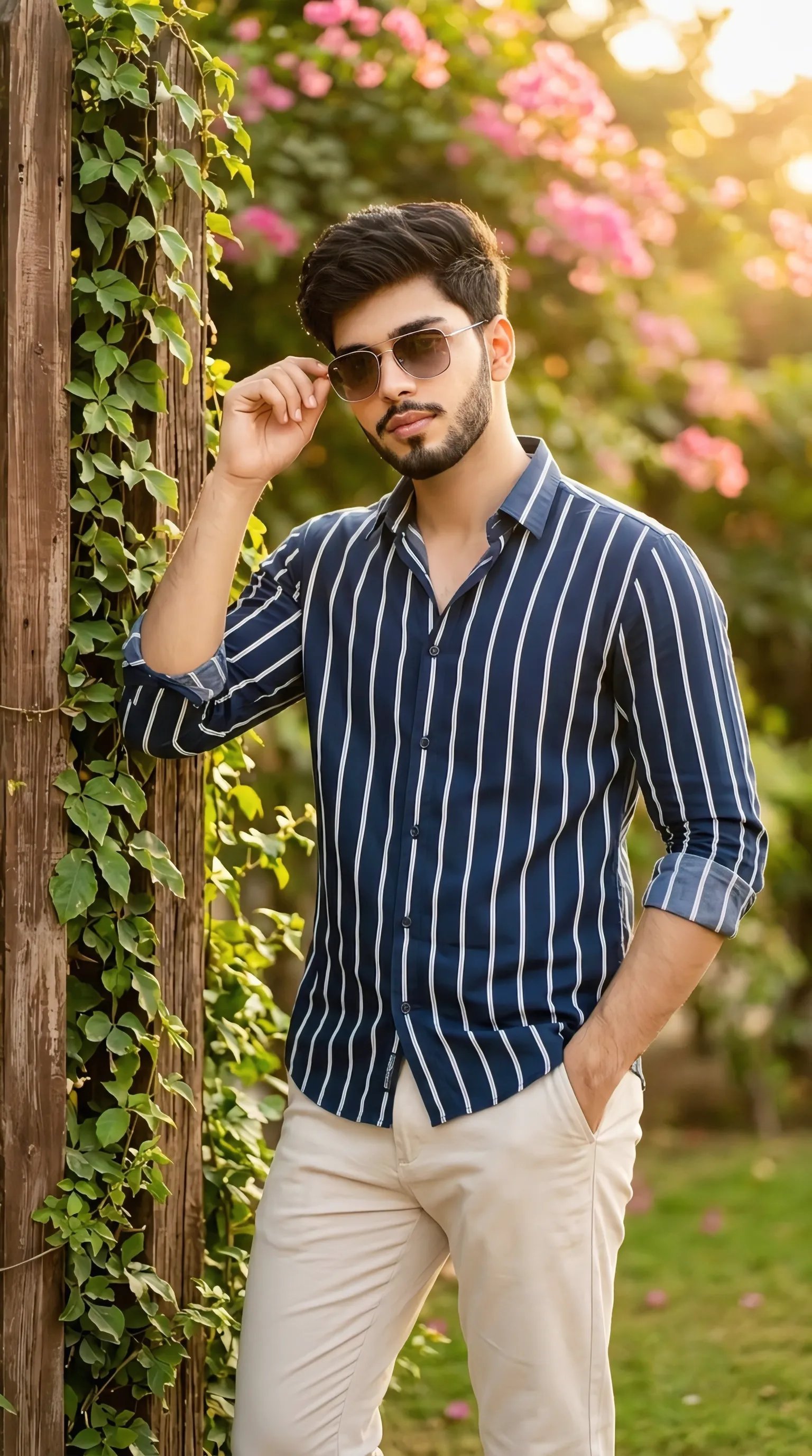 Make A stylish young man standing casually in a garden setting during golden hour, leaning lightly against a wooden fence covered with
