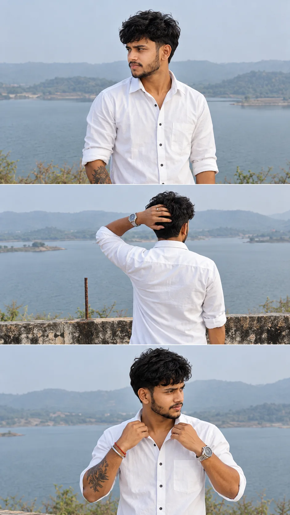 Ultra-realistic 8K DSLR recreation of the uploaded reference as a single vertical 9:16 three-panel collage.