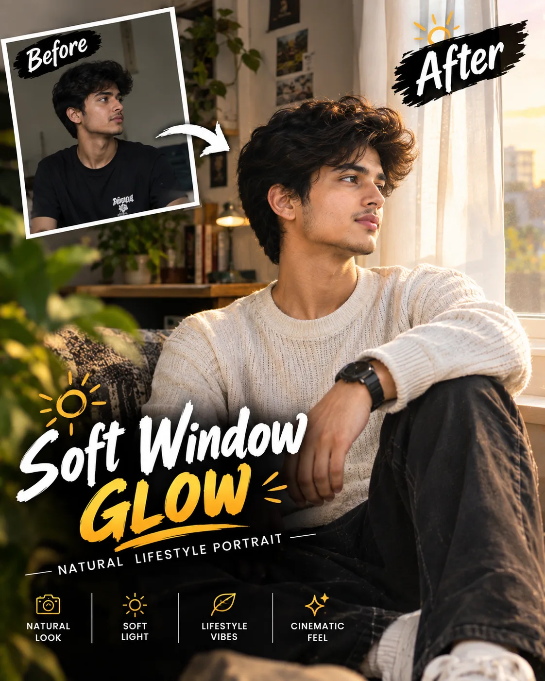 Transform the uploaded photo into a highly realistic natural lifestyle portrait photographed beside a large window.