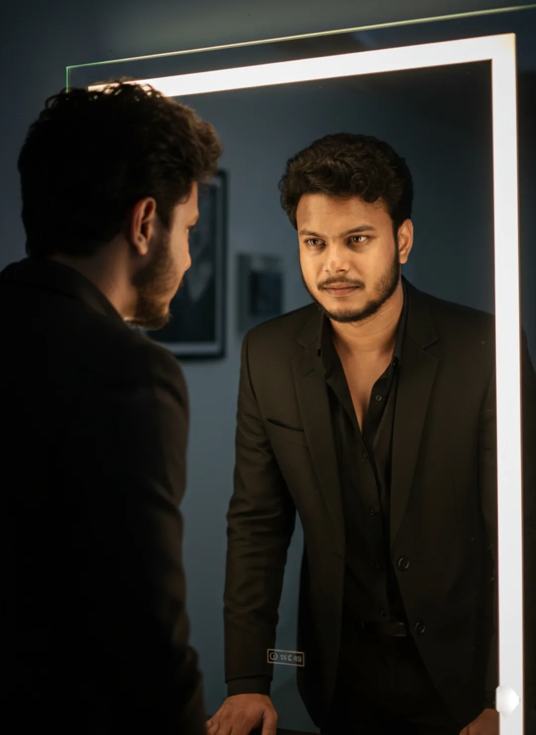 A cinematic, medium-shot portrait of a 26-year-old South Asian man with curly hair and a neatly trimmed beard, standing in front of a