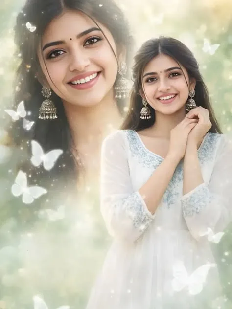 "A dreamy and magical double exposure fantasy portrait of a beautiful young South Asian woman with a radiant smile.