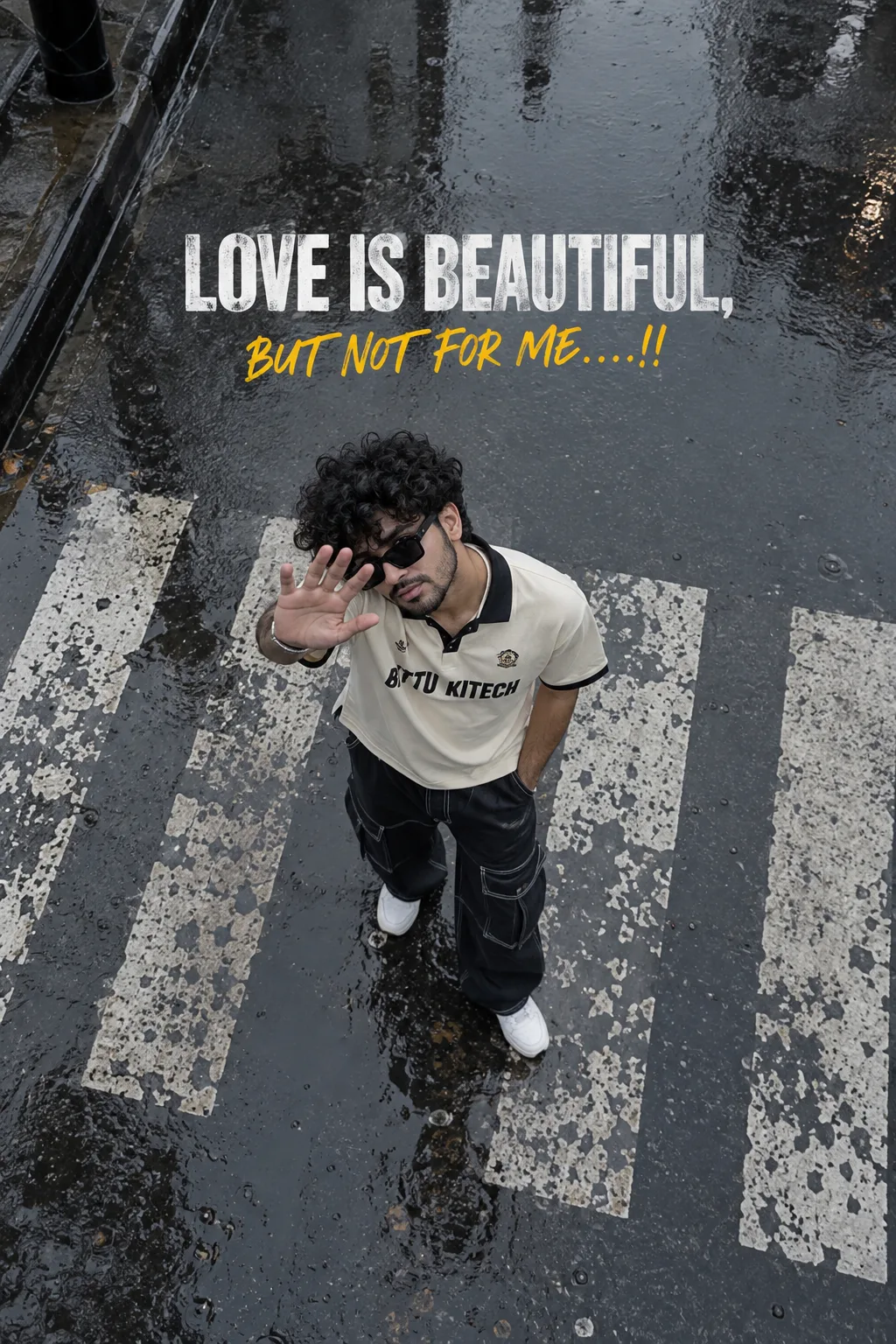 "RAINY STREET AESTHETIC POSE" STANDING ON WET ASPHALT CROSSWALK, ONE HAND RAISED TOWARD CAMERA IN A SUBTLE DISMISSIVE GESTURE, OTHER IN