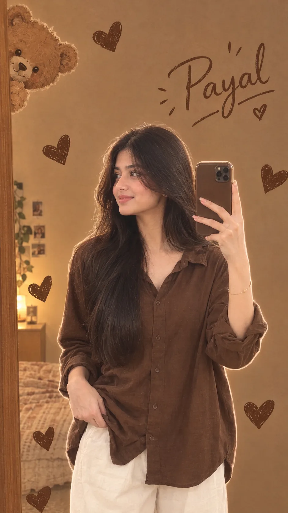 A young girl realistic face taking a mirror selfie, wearing a coffee loose shirt and white pants, holding the shirt casually with one hand,