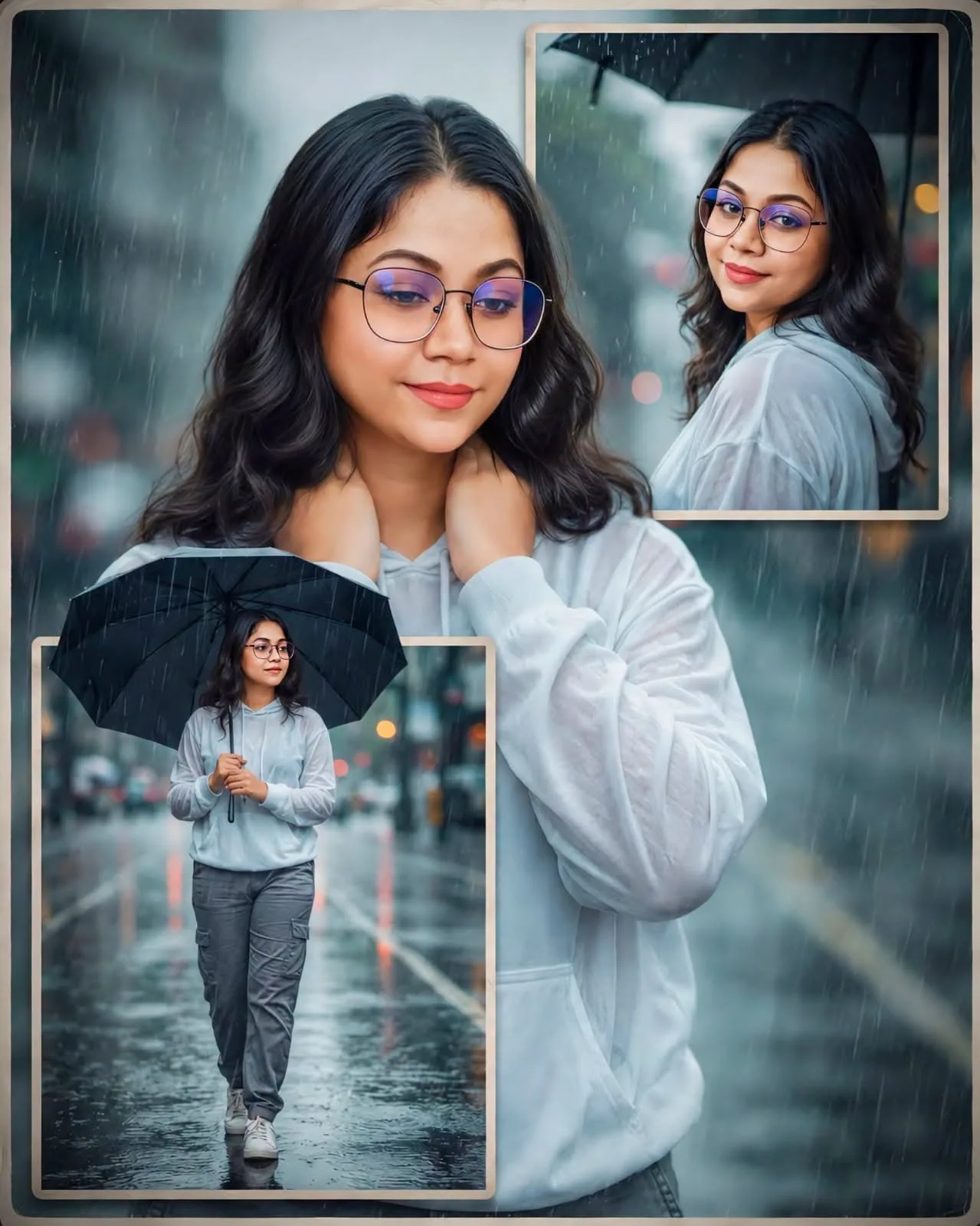 "An artistic photo collage featuring a young South Asian woman with wavy dark hair and round eyeglasses during a rainy day.