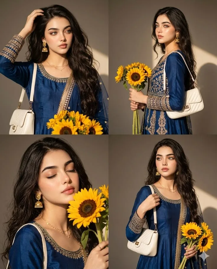Create a highly realistic 2×2 four-panel fashion portrait collage based on the reference image.