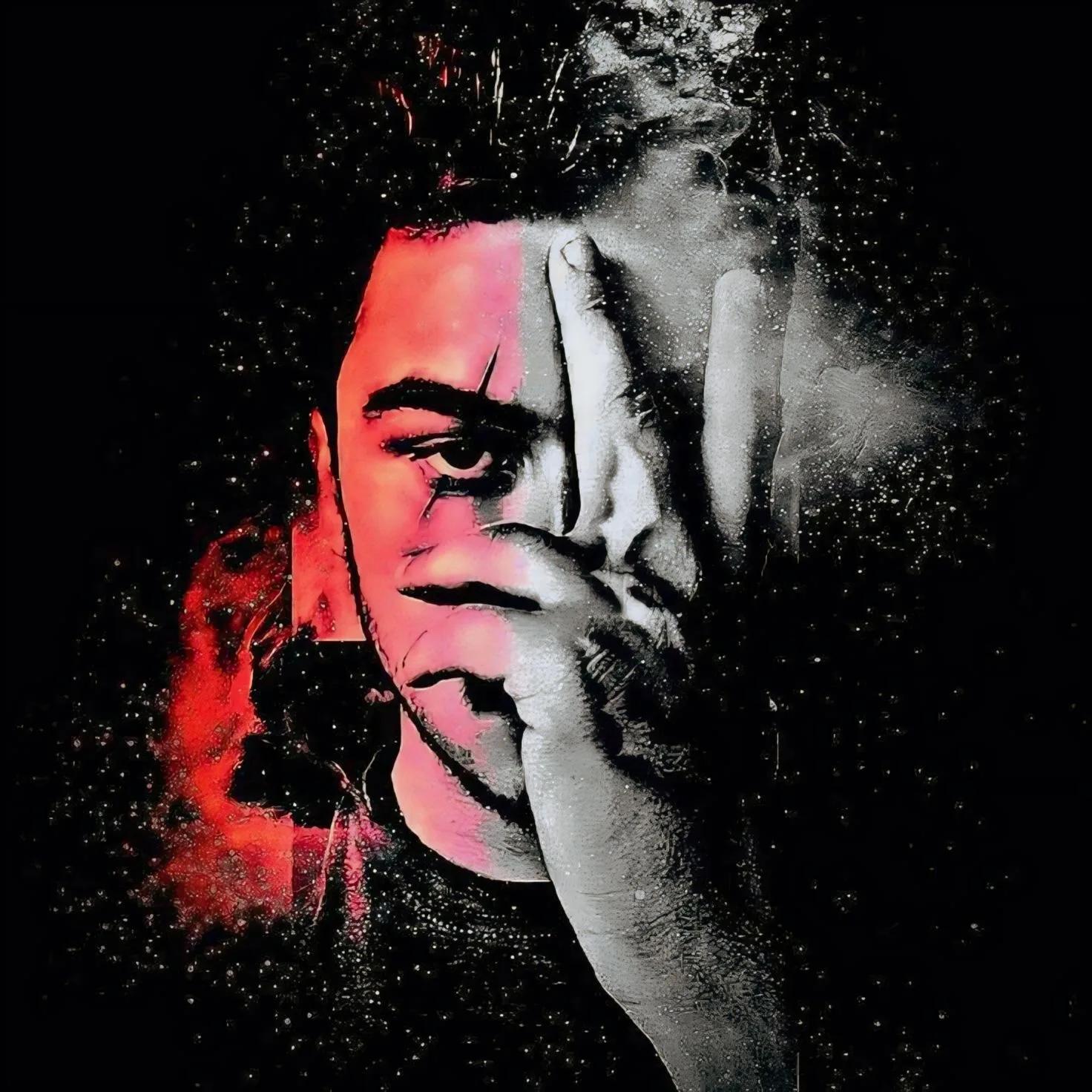 A dramatic and gritty digital art portrait of a young man with curly dark hair, holding his hand vertically over the center of his face,