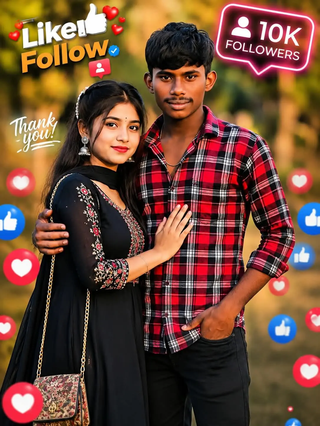 Detailed photographic portrait of a young Indian couple, a man and a woman, standing close together outdoors in a park during the warm,