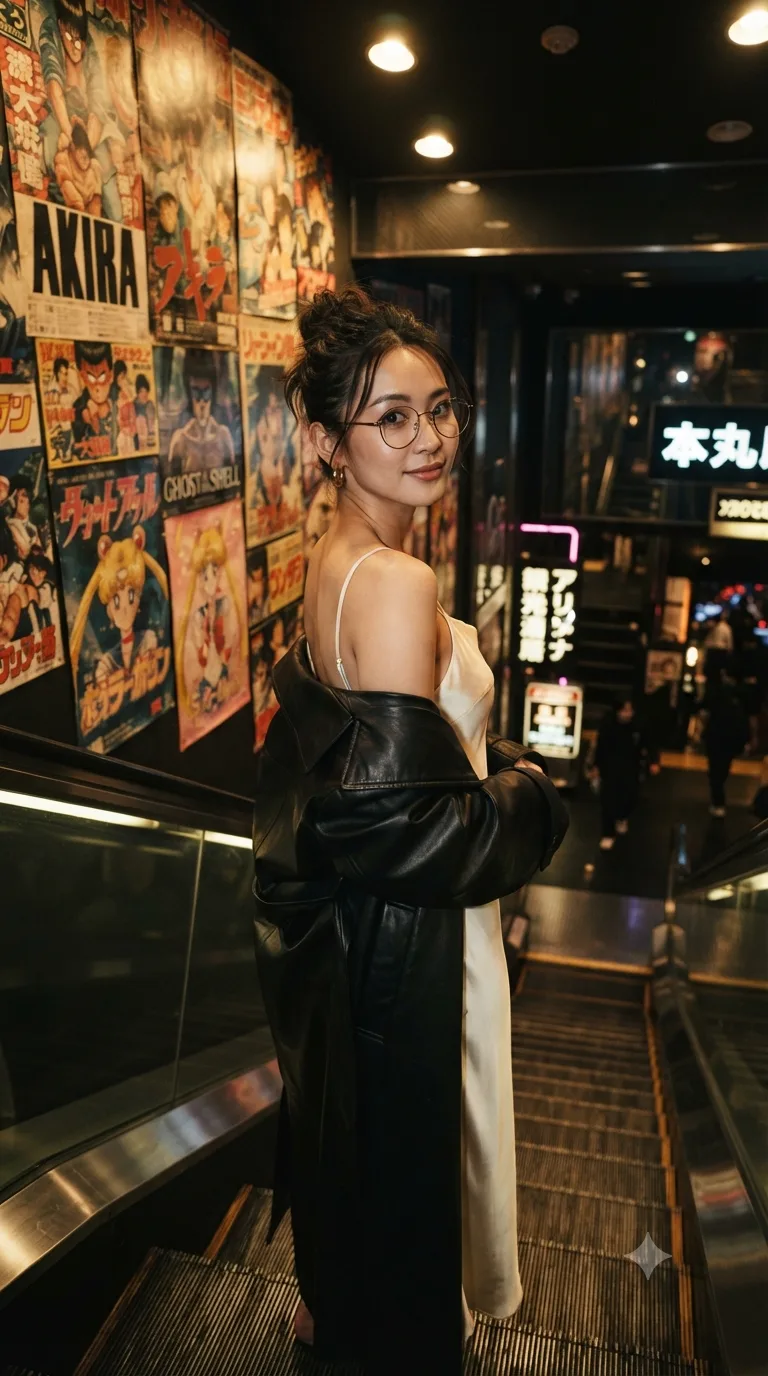 Cinematic nighttime portrait of a stylish young Asian woman standing on an escalator inside a modern Japanese-themed entertainment complex.