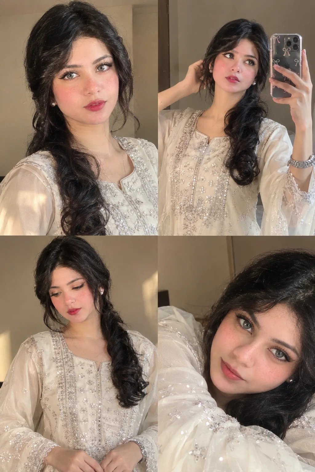 Ultra-realistic high-resolution 4-panel fashion portrait collage of a young woman wearing an elegant ivory/cream Pakistani-style
