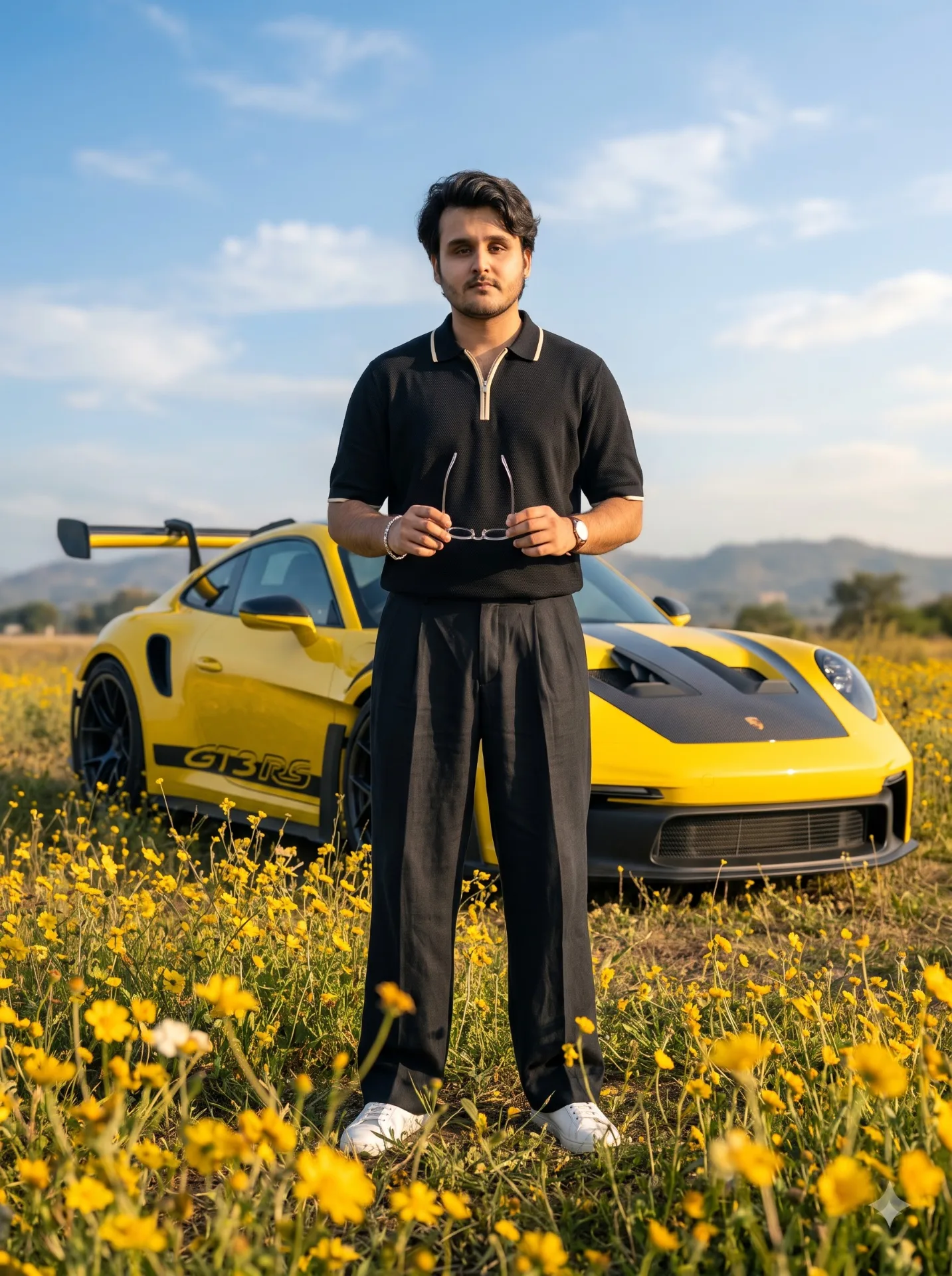 Cinematic full-body automotive fashion portrait, striking luxury lifestyle editorial, cinematic full-body position of the reference image.