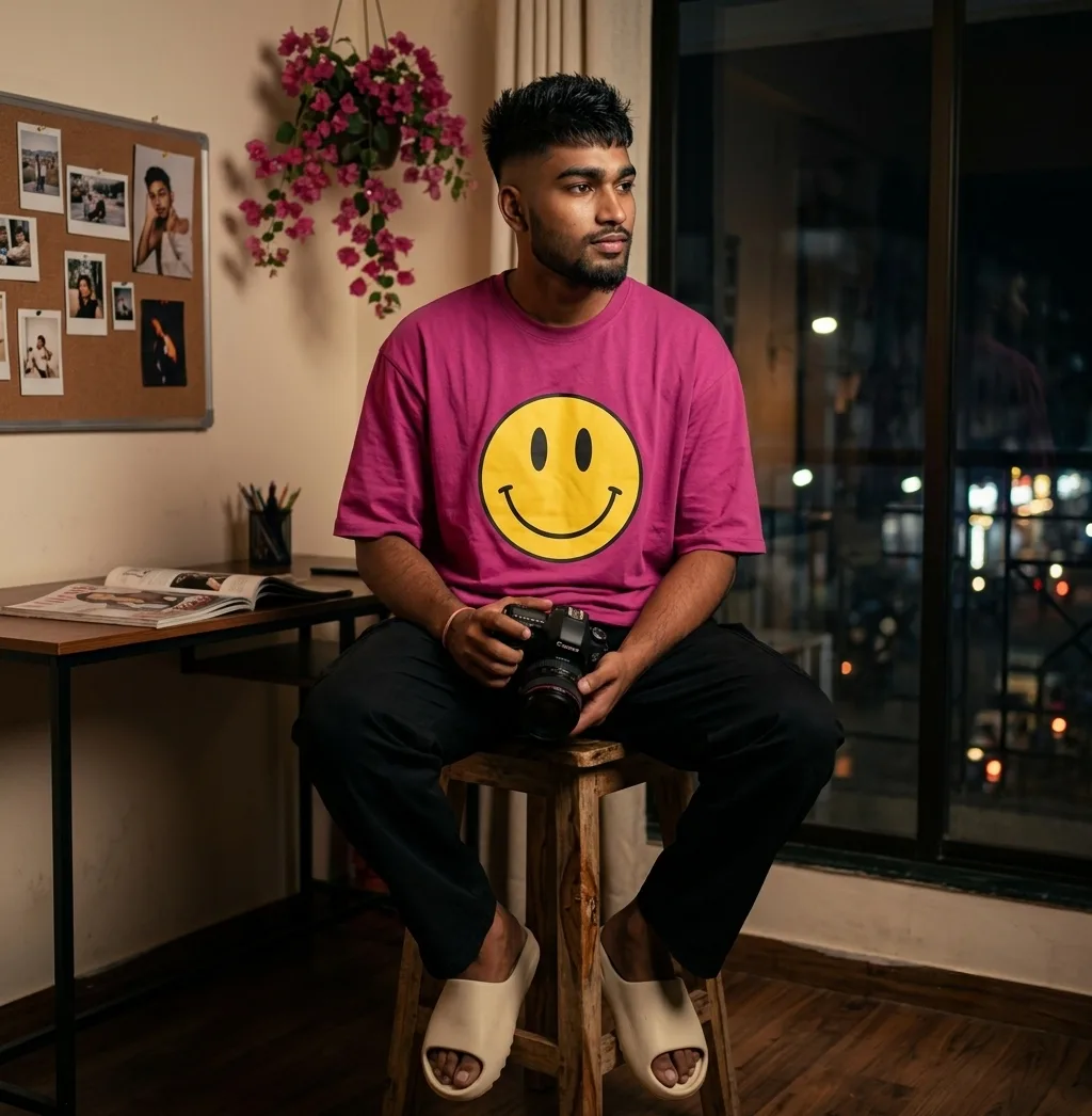 Prompt: A photorealistic, high-resolution full-body indoor lifestyle portrait of a handsome 23-year-old South Asian man sitting casually on