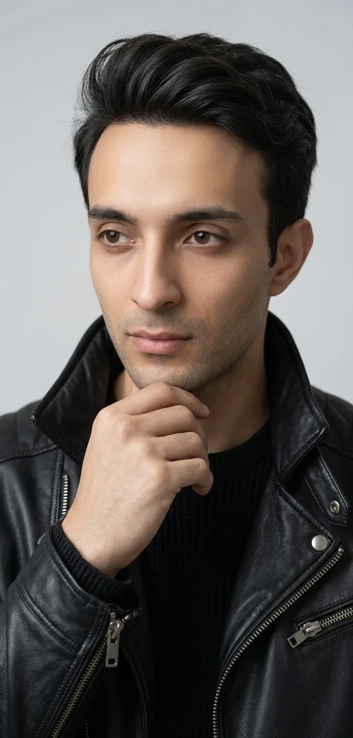 A highly realistic close-up editorial fashion portrait of a handsome young adult man with fair natural skin, thick dark brown hair styled