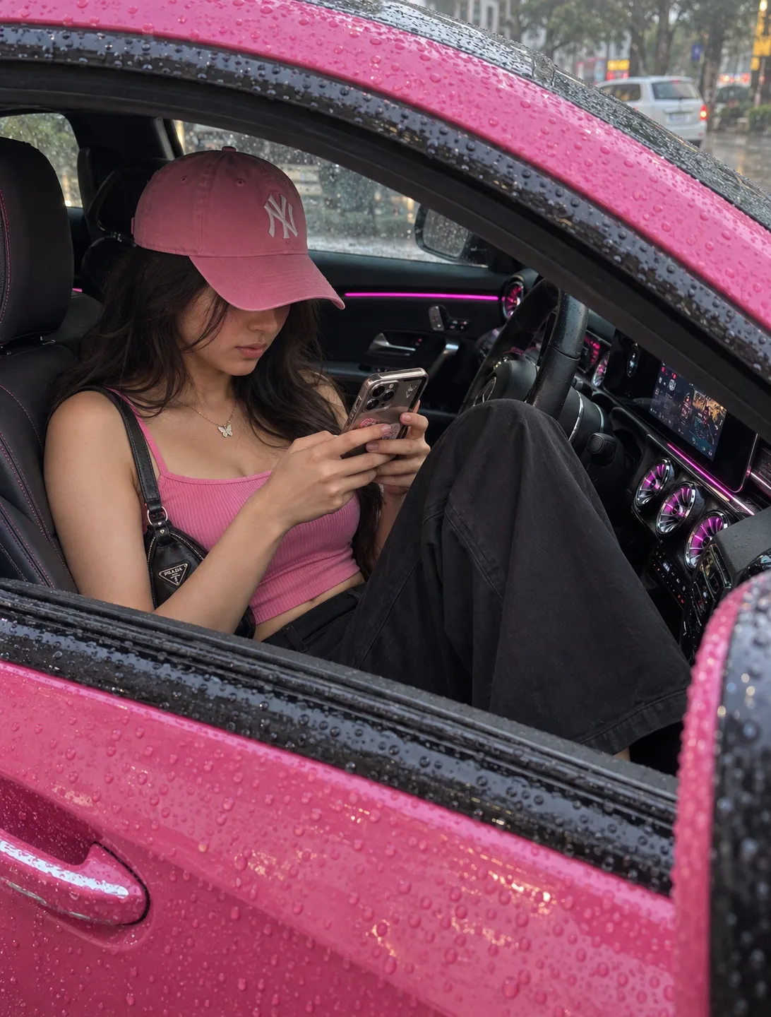 A close-up view through the open window of a wet, bright pink car.