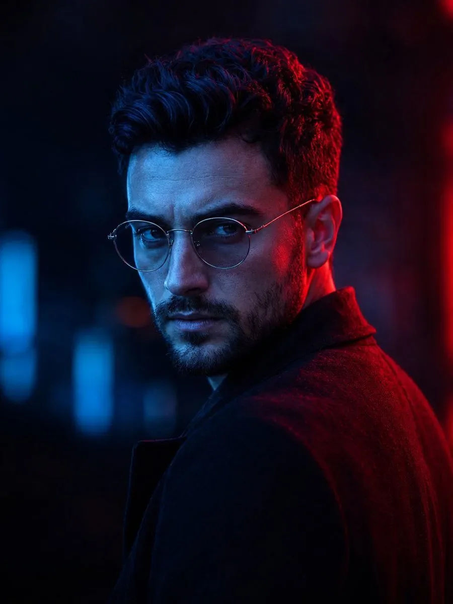 Cinematic close-up portrait of a man use image for face reference with same hair and light stubble, looking over his shoulder toward the