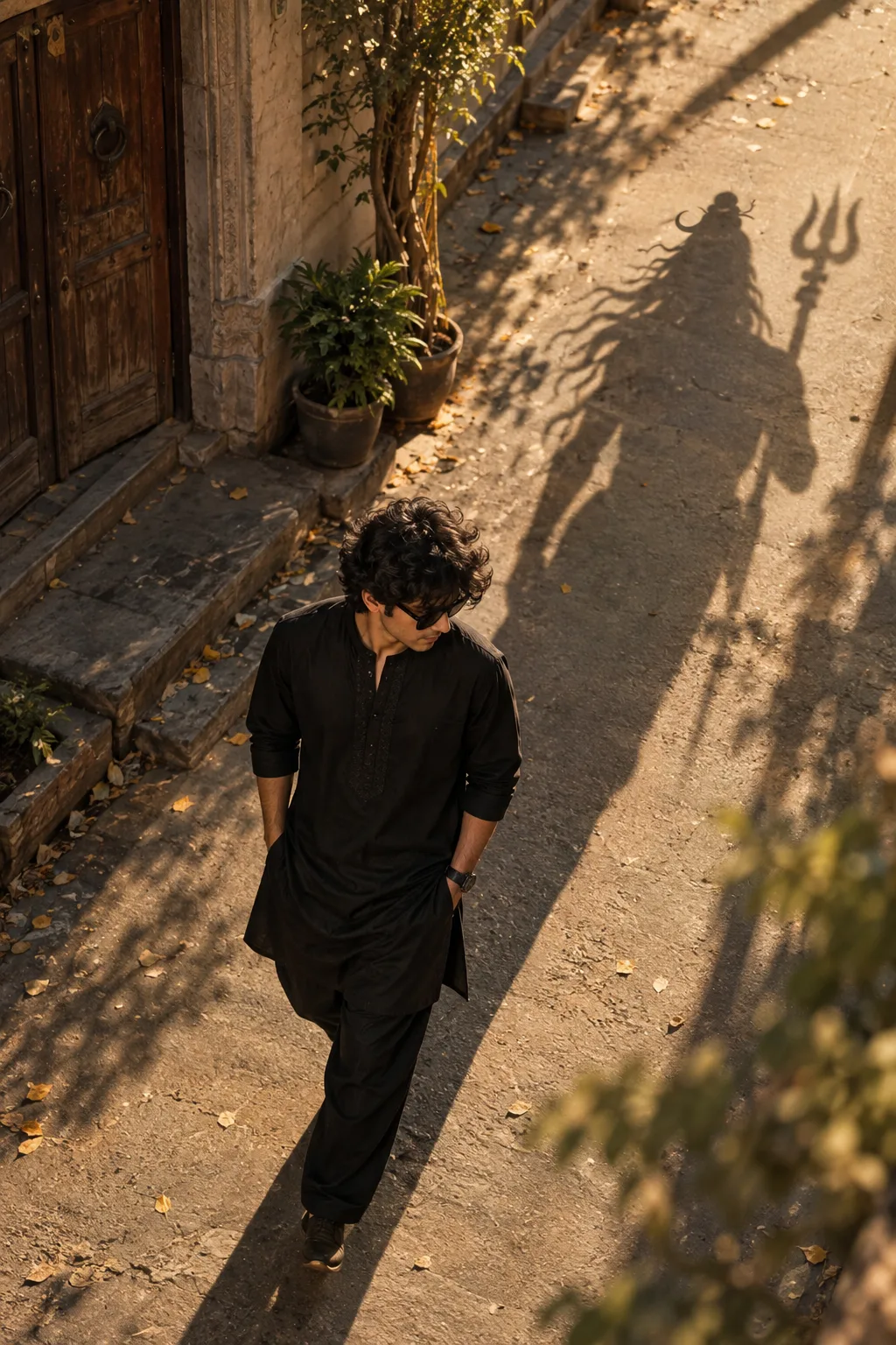 Create a cinematic, ultra-realistic high-angle photograph of a young man walking on a sunlit street, matching the provided reference image.