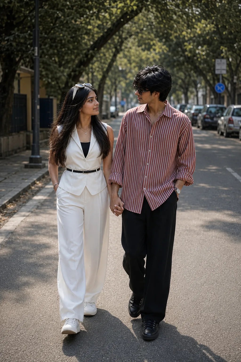 Create an ultra-realistic cinematic full-body photograph of a young South Asian couple walking together hand-in-hand on a quiet, elegant
