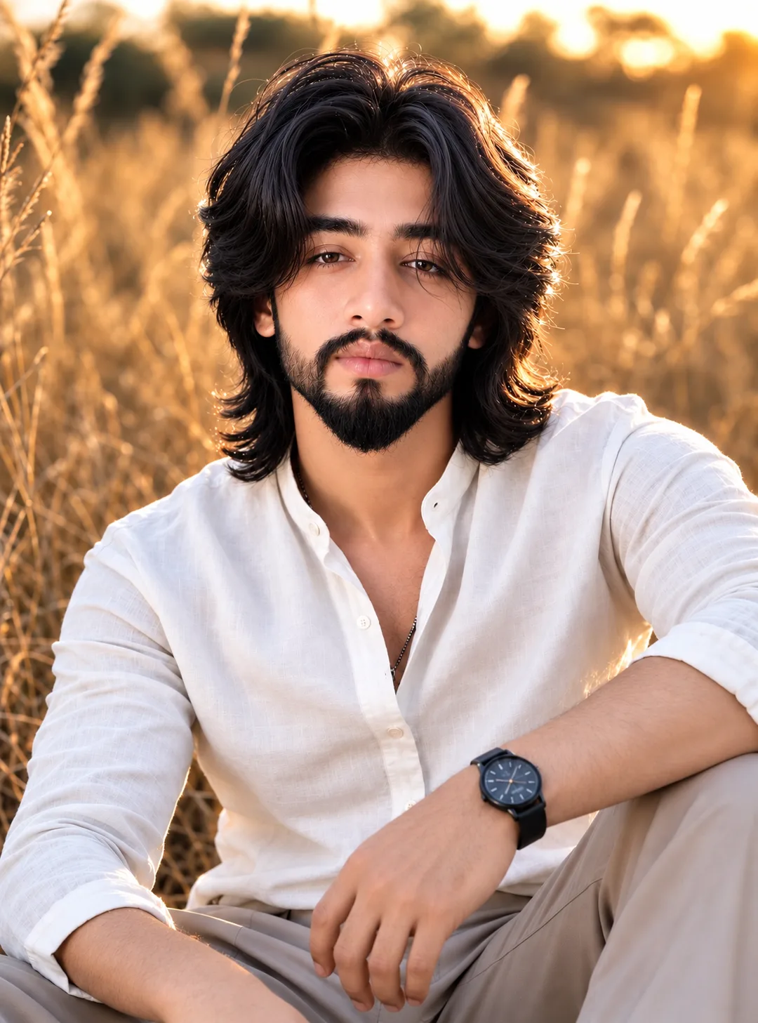 "A sun-drenched, high-resolution photorealistic portrait of the specific young South Asian man from the reference image, featuring his