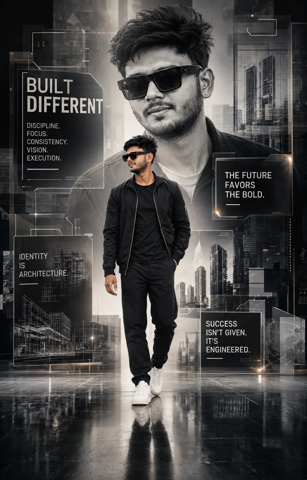 Create a highly realistic, premium cinematic vertical motivational poster inspired by the reference image, with a clean futuristic