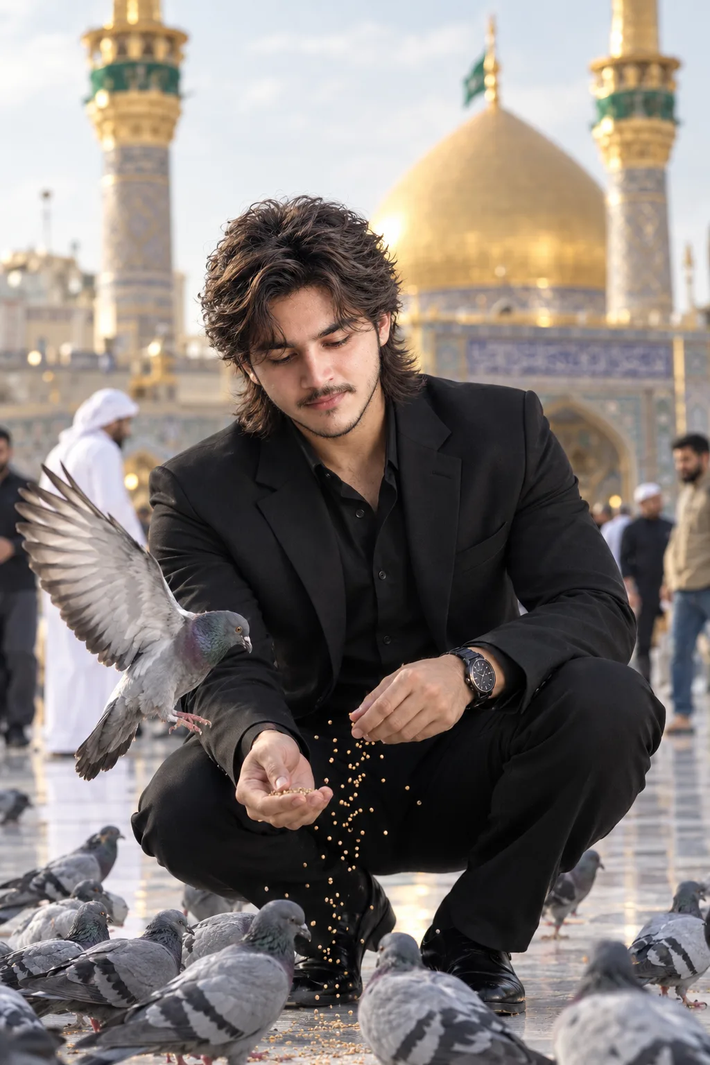 Create an **ultra-photorealistic, cinematic full-body portrait** of a highly handsome South Asian young man in his early 20s, crouching