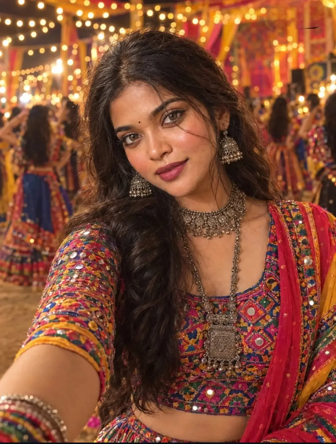 A candid, vibrant selfie photograph capturing a young South Asian woman with captivating brown eyes and a slight smile, looking directly at