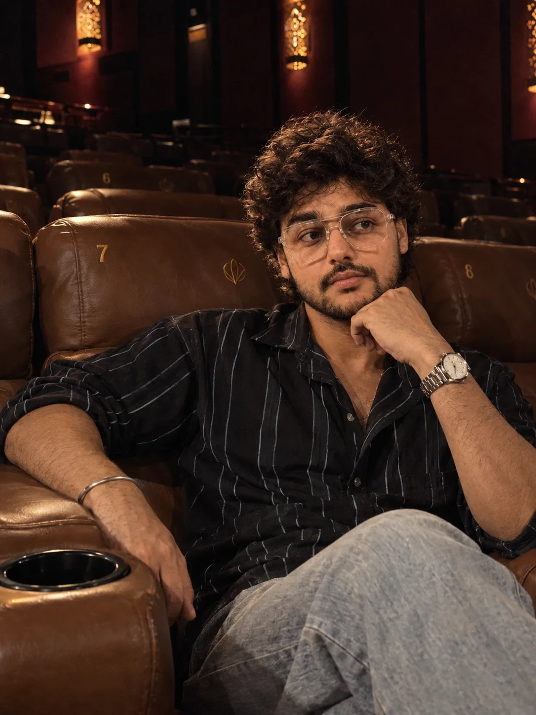 "A moody, candid lifestyle portrait of a young man with short, thick, tousled dark curly hair, light stubble, and a neatly trimmed