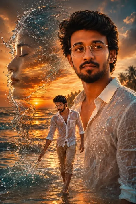 A stunning cinematic multi-exposure fantasy collage set on a tropical beach during a golden sunset.