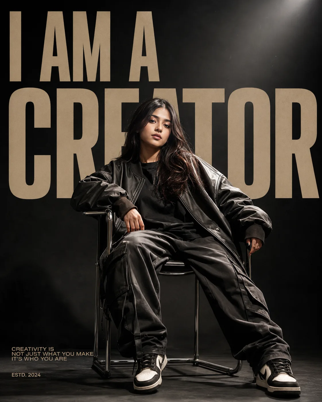 Ultra-premium fashion editorial poster, luxury streetwear aesthetic, 4:5 portrait composition.