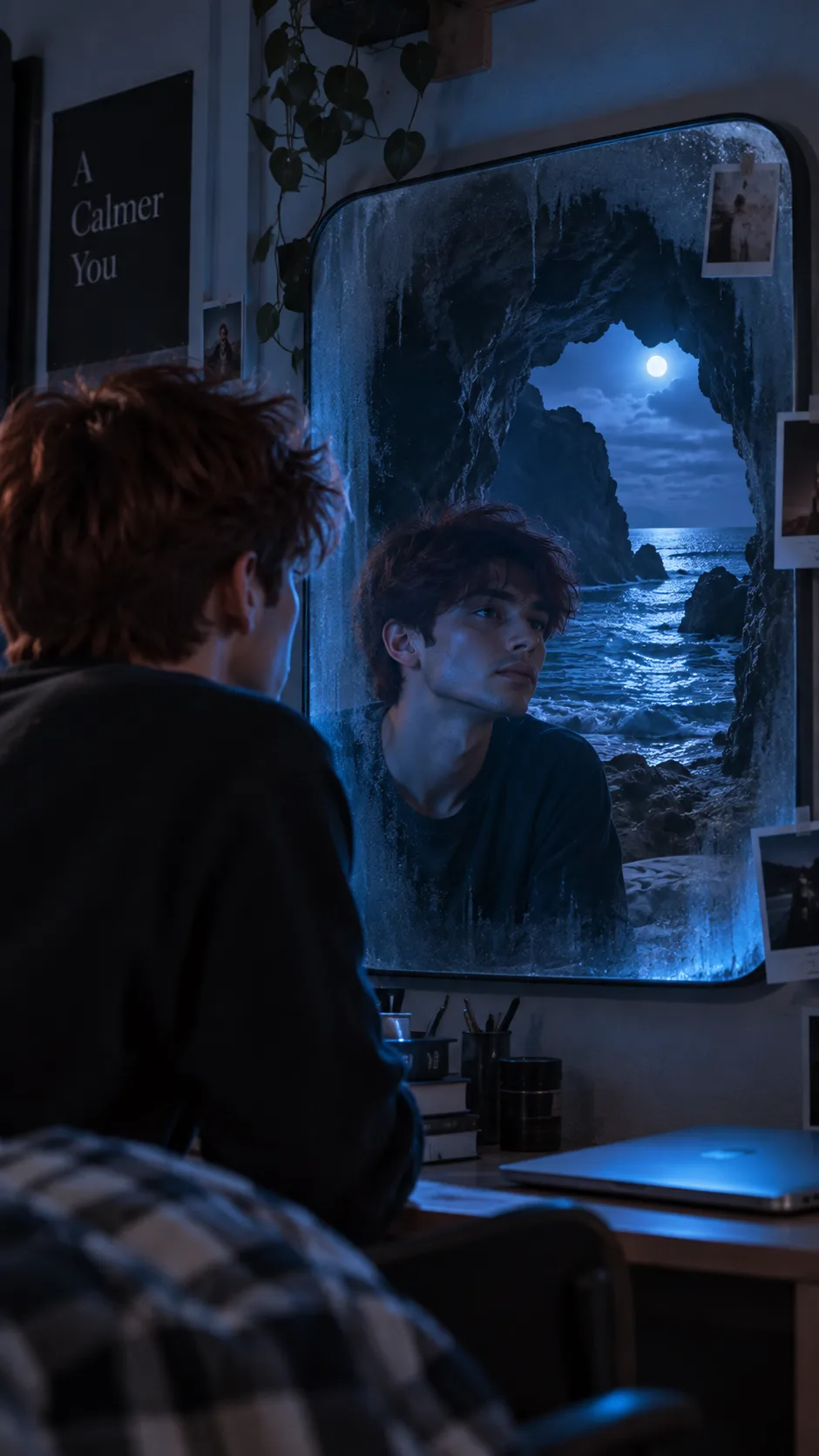 SUBJECT=A red-haired boy MIRROR TYPE=a mirror on a bedroom wall IMPOSSIBLE SCENE WITH SPECIFIC DETAILS = cave opening that looks onto the
