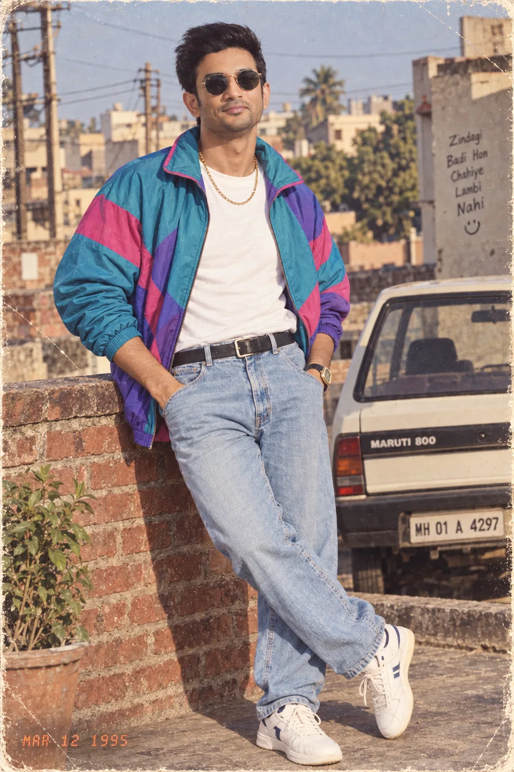 Transform the uploaded male photo into an authentic 1990s Indian retro photograph while keeping the exact same person, facial identity,