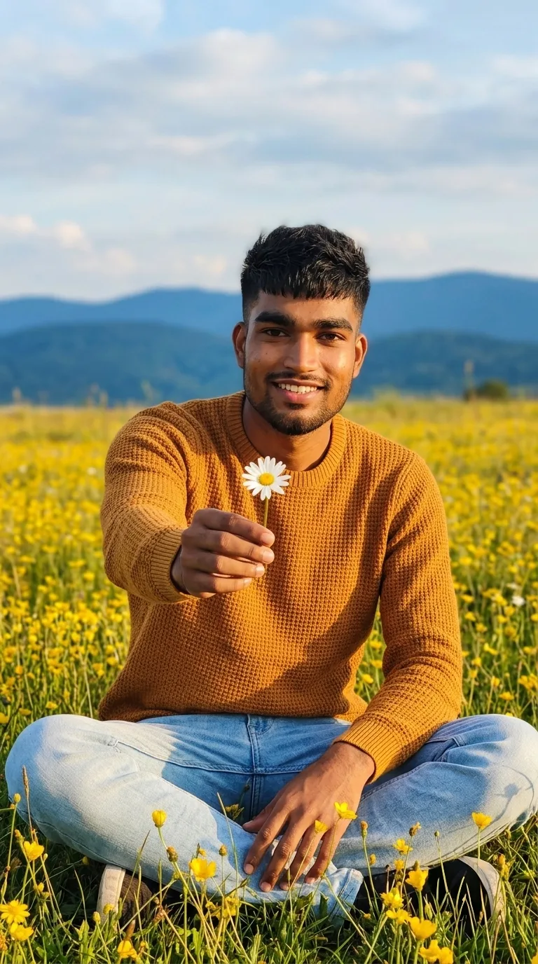 Photorealistic medium-full shot of the exact same young South Asian man from the reference image, maintaining strict facial identity