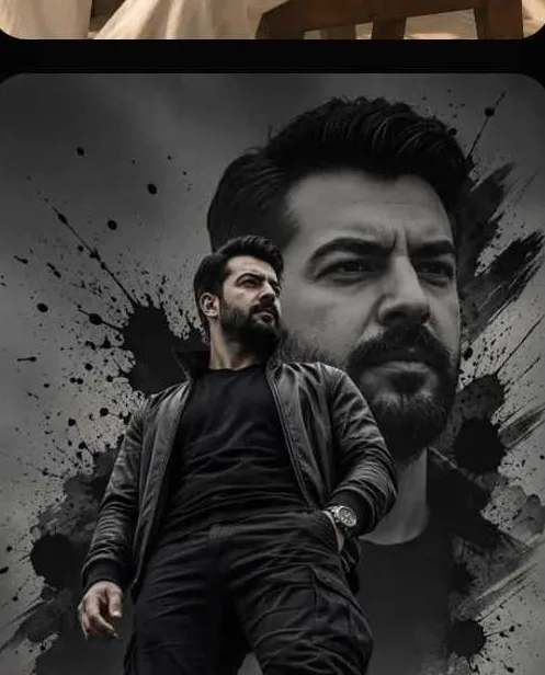 9:16 double exposure portrait, bearded man in black leather jacket and black t-shirt standing with attitude, giant faded close-up face in