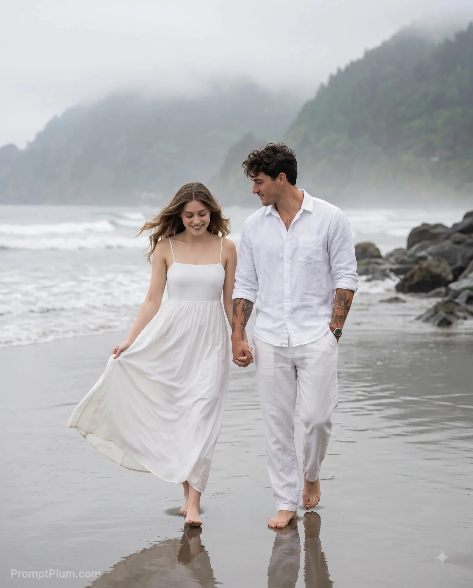 A romantic couple photoshoot on an overcast, moody beach.