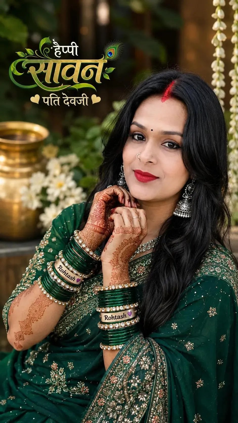 "Create a हैप्पी सावन पति देवजी hyper-realistic 9:16 portrait of a beautiful young Indian woman wearing a dark emerald green embroidered