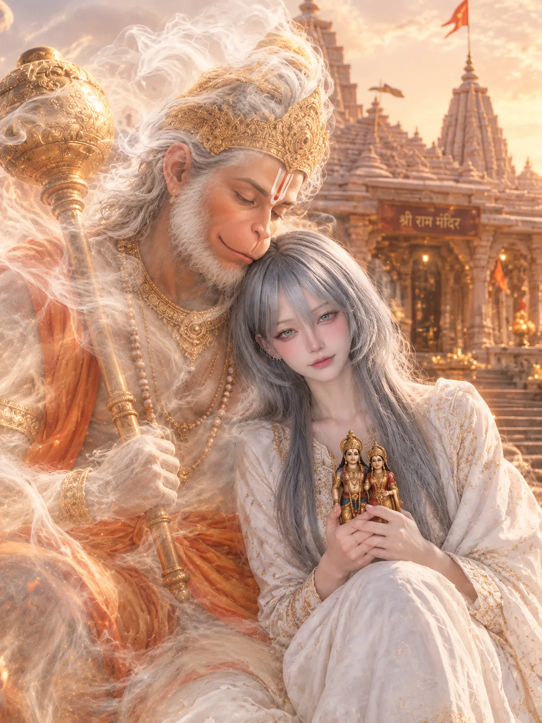 Ultra-realistic portrait of a man sitting gracefully beside a divine Hanuman figure made entirely of ethereal white smoke in front of Ram