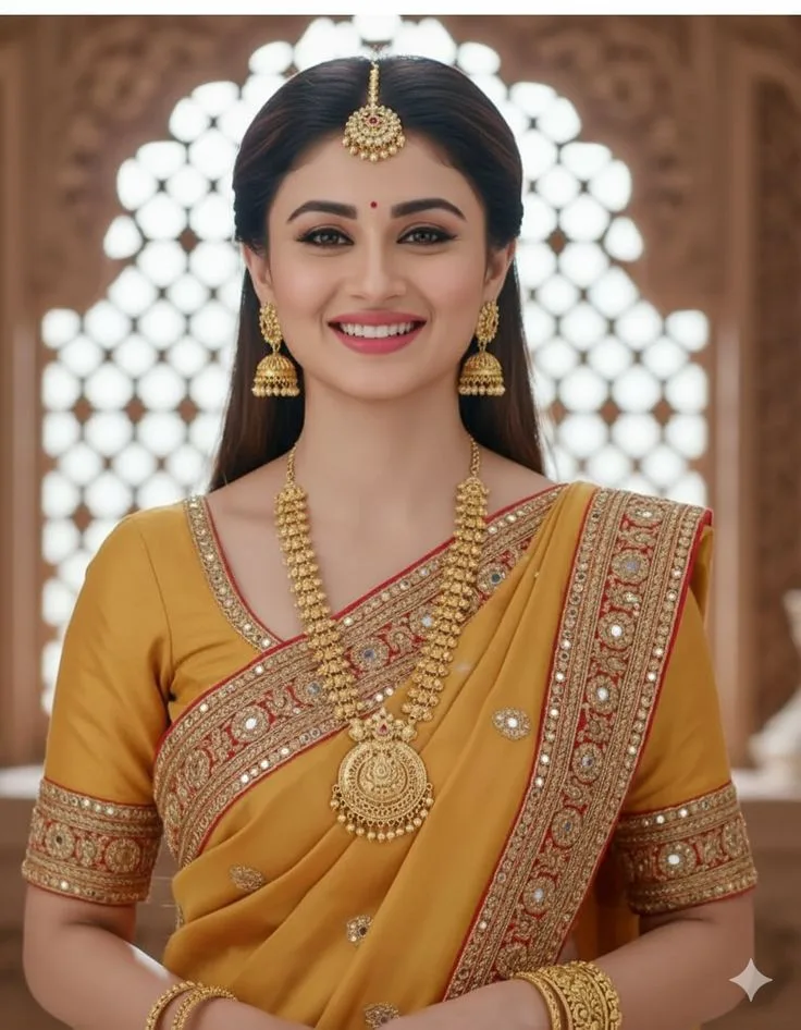 A high-resolution, photorealistic portrait of a young Indian woman smiling warmly directly at the camera.