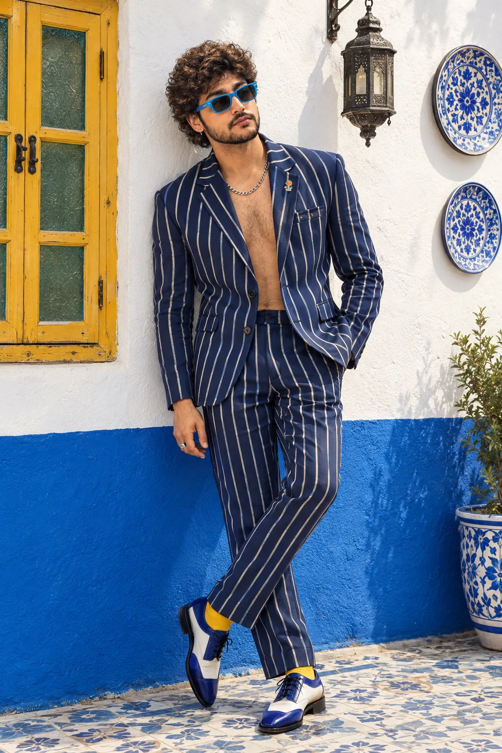 "A vibrant, full-length fashion editorial photo of a stylish man with a voluminous, glossy black quiff hairstyle and a neatly groomed full