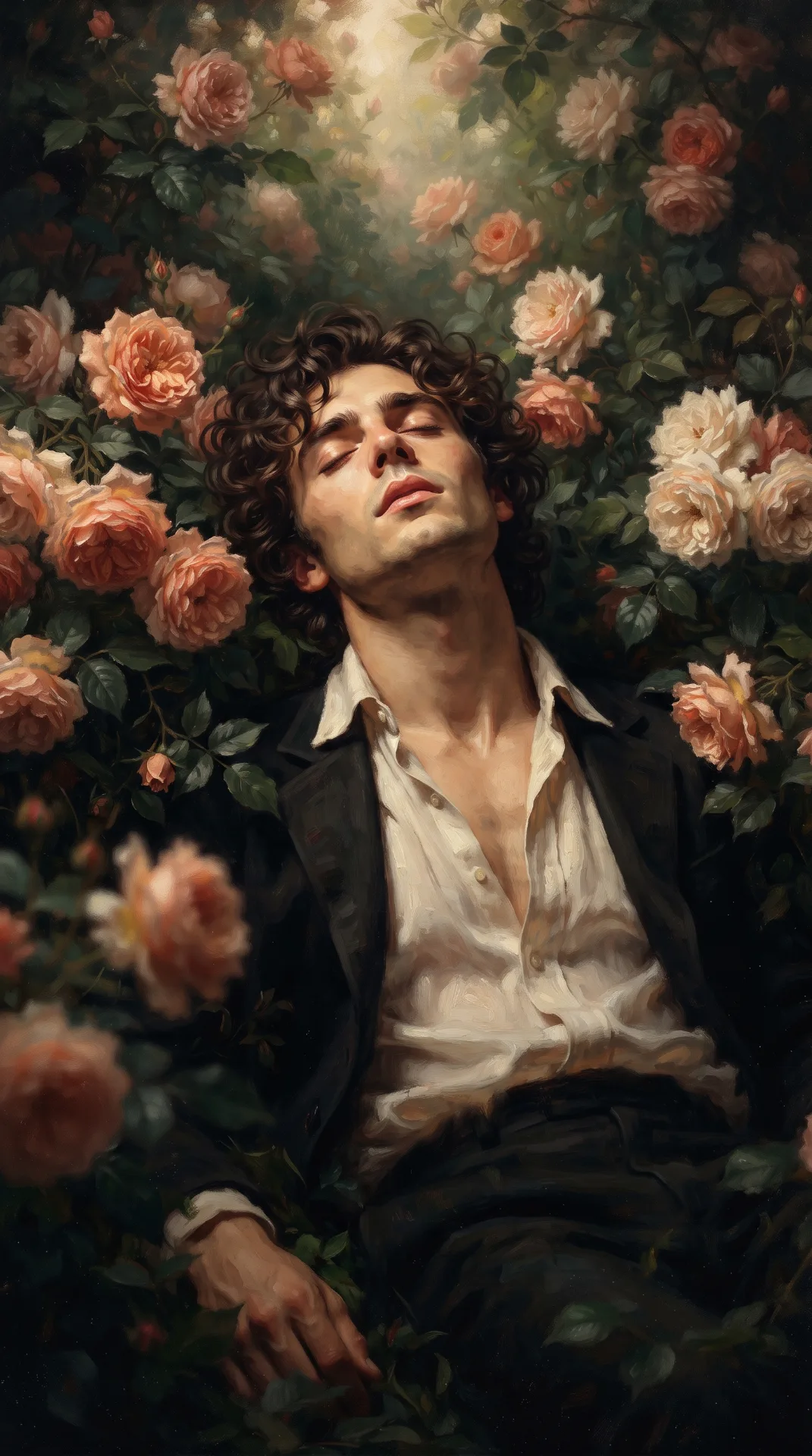 A highly cinematic, romantic **fine-art oil painting of a beautiful young adult man lying peacefully in a lush garden filled with blooming