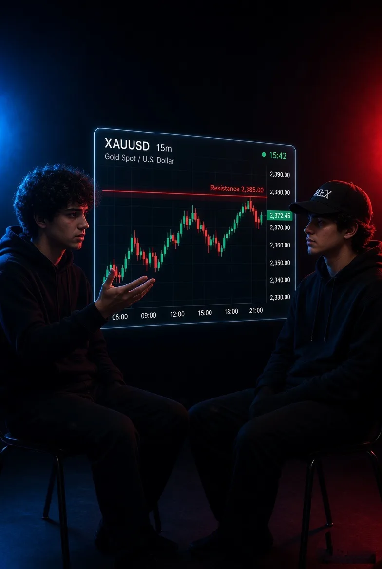 Ultra-realistic cinematic night scene, two young men with dark curly hair sitting opposite each other on black chairs in a completely dark