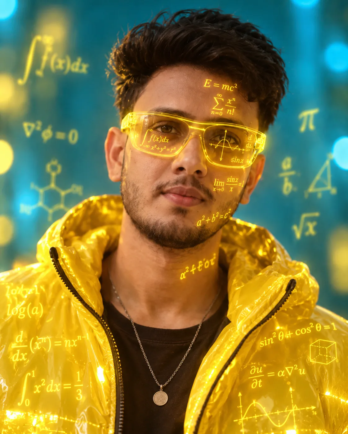 > Create an ultra-realistic vertical 4:5 cinematic close-up portrait of a beautiful young man wearing transparent neon-yellow futuristic