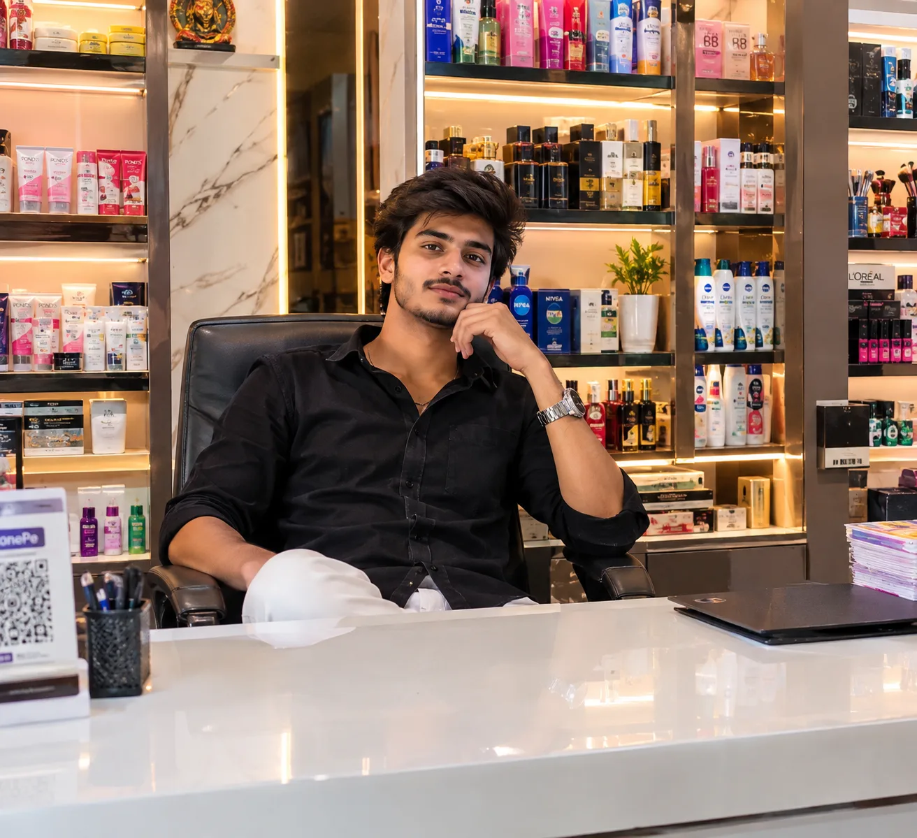 Create an ultra-realistic 4K cinematic photograph of me sitting confidently at the counter of my own stylish shop.