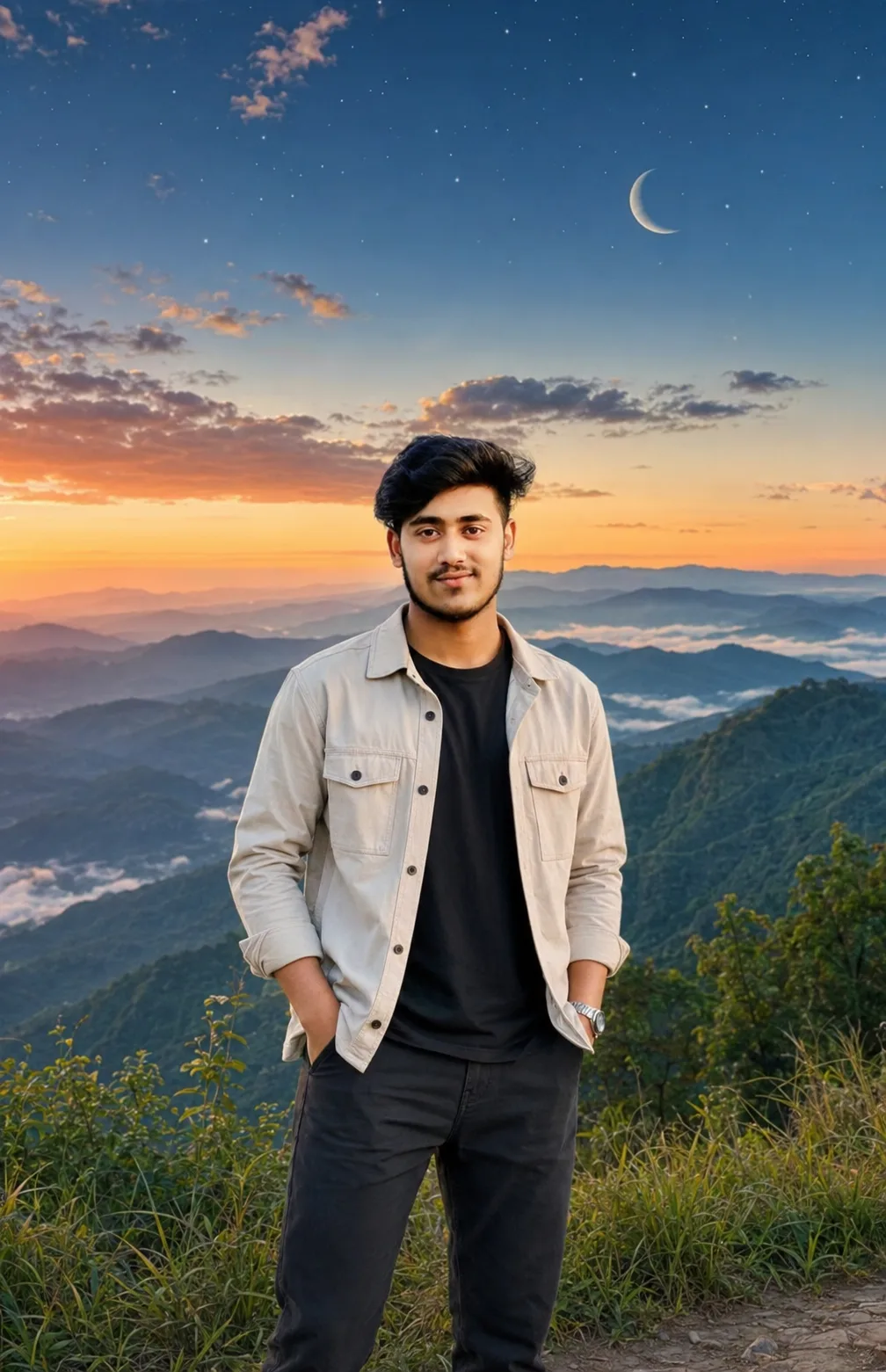 A peaceful evening surrounded by beautiful mountains, golden sunset light, and breathtaking natural scenery.