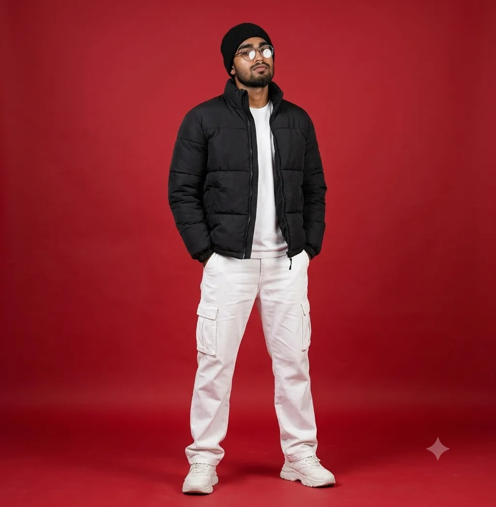 Ultra-realistic full-body studio fashion portrait of a stylish young man standing confidently, looking slightly upward.