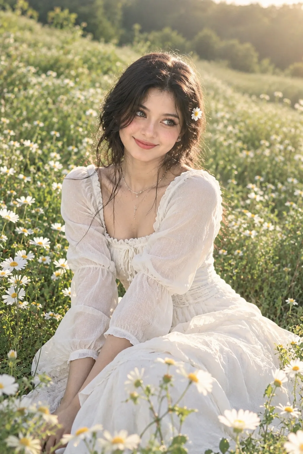 Create me sitting in a blooming field of White flower, smiling warmly and looking to the side.