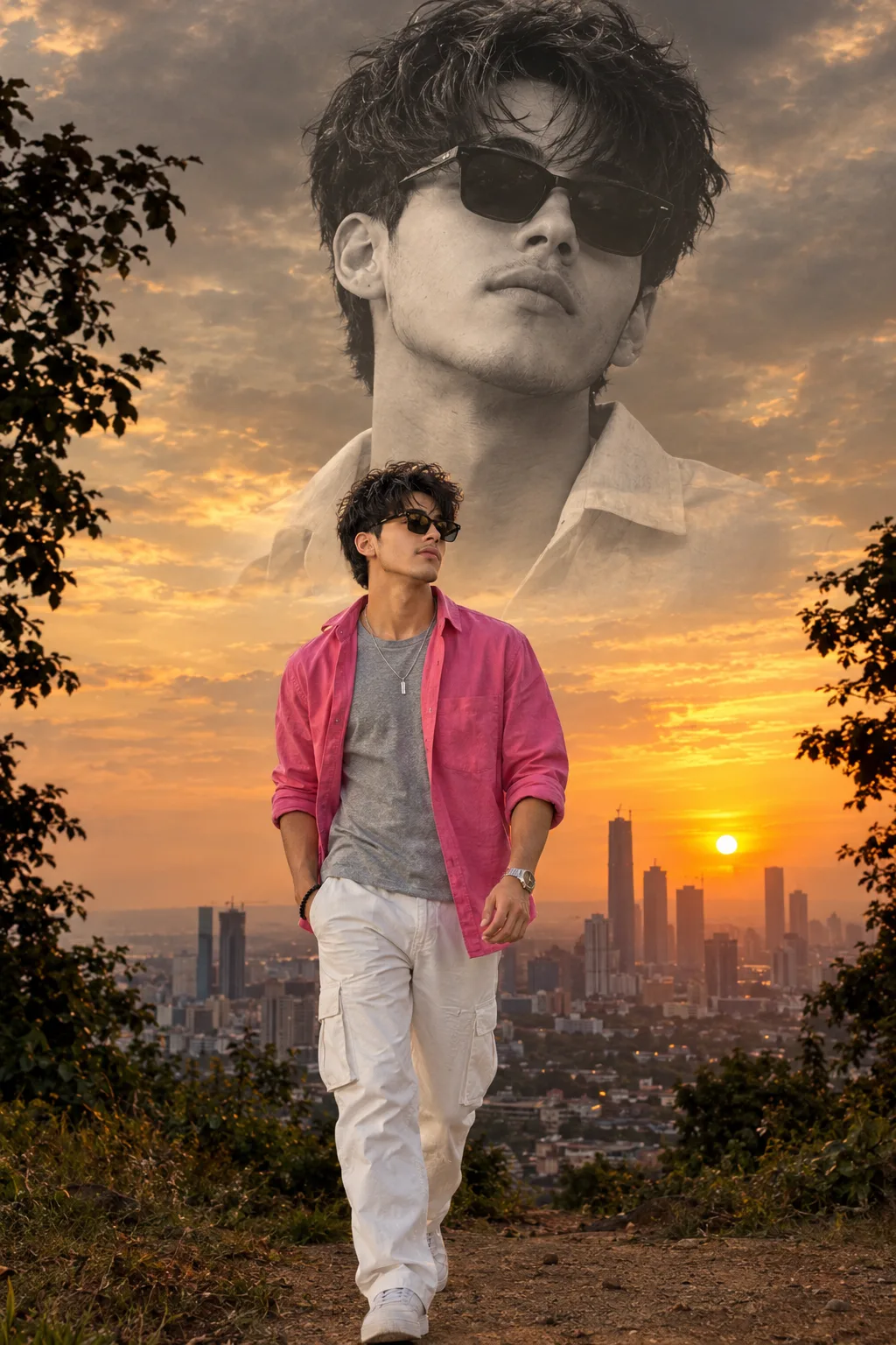 Create a highly photorealistic, cinematic double-exposure composite portrait of a handsome South Asian man.